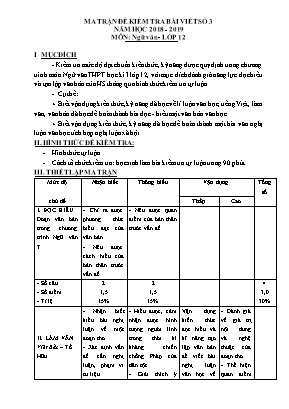Ma trận và đề kiểm tra bài viết số 3 môn Ngữ văn Lớp 12 - Năm học 2018-2019 - Sở giáo dục và đào tạo Cao Bằng